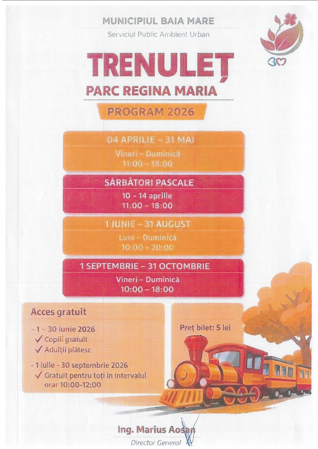 Program trenulet Parc Regina Maria 2026